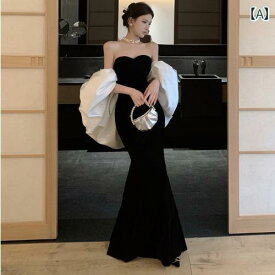 レディース ファッション 社交界 人々 レトロ 起毛 黒 ロング ドレス 軽量 ドレス ユニーク 美しい 魅惑 チューブ トップスス ドレス