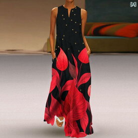 レディース ファッション ドレス 春夏 薄手 大きめサイズ 3D プリント Vネック ロング スカート ポケット