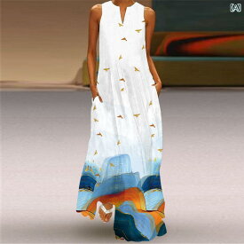 レディース ファッション ドレス 3D デジタル プリント Vネックノースリーブ ロング ドレス ステージ 大きめサイズ