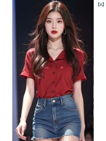 レディース ファッション 早春 韓国 ユニーク 美しい シャツ 夏 トップスス 赤 半袖 シャツ