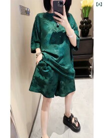 レディース ファッション チャイナ風 緑 ジャカード 半袖 Tシャツ セットアップ 夏 服