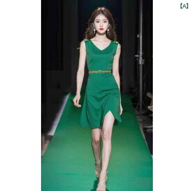 レディース ファッション 精巧 美しい グリーン Vネック スリット ドレス 夏 フレンチ 半袖 ドレス