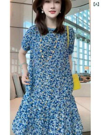レディース ファッション 美しい スカート 夏 フレッシュ 青い 花柄 ドレス 着る
