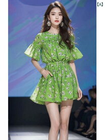 レディース ファッション 夏 服 韓国 婦人服 セット 緑 花柄 トップスス ショート スカート セットアップ スカート
