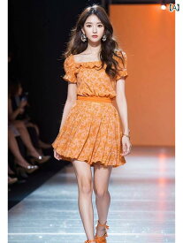 レディース ファッション スカート 春 オレンジ 花柄 耳 裾 ウエスト 半袖 ドレス