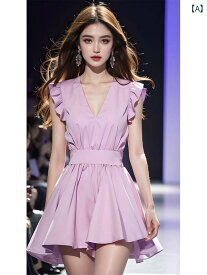 レディース ファッション 美しい スカート 夏 精巧 薄紫 小さめ 飛行 袖 ドレス