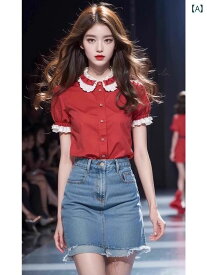 レディース ファッション 赤 人形 襟 類 半袖 シャツ 早春 シック トップススシャツ