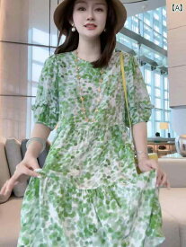 レディース ファッション 見栄え よく スリム 緑 半袖 ドレス 夏 美しい スカート
