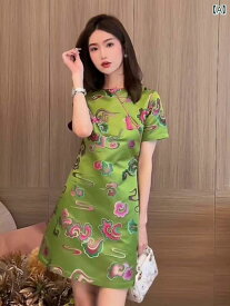 レディース ファッション 夏 チャイナ風 緑 吉祥雲 柄 ジャカード 半袖 ドレス