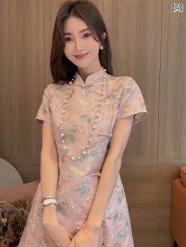 レディース ファッション チャイナ風 ピンク 蝶 ジャカード 斜め 前立て プレート ボタン チャイナ 半袖 ドレス 夏