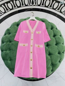 レディース ファッション 通気性 綿 香り エレガント ピンク しわ りくい Vネック 半袖 ストレッチ ドレス