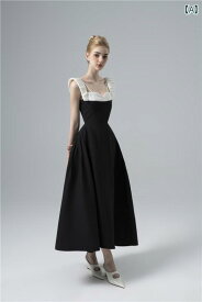 レディース ファッション 夏 ベトナム ワイド ショルダーストラップ ゆったり 襟 黒白 ウエスト 細く ワイド 裾 ロング ドレス