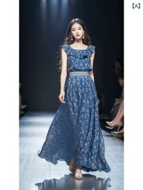 レディース ファッション 美しい スカート 見て くさい 青い フリル カラー ノースリーブ ウエスト 花柄 ドレス 夏