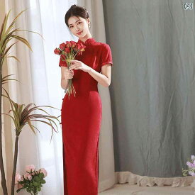 レディース ブルゴーニュ レース チャイナ ドレス 花嫁 結婚式 中国 ホームカミング ドレス 半袖 ロング