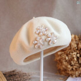 レディース 帽子 秋冬 英国 ベレー 帽 韓国 ウール 毛織物 手縫い 花 つぼみ 帽子 八角 帽子