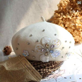 レディース 秋冬 ウール ラインストーン フラワー ベレー 帽 英国 レトロ ファッション 画家帽子 甘くて フレッシュ カボチャ 帽子