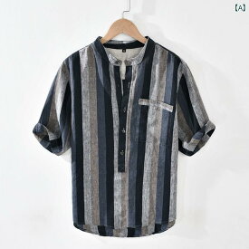 メンズ ファッション 半袖 シャツ 夏 トップス レトロ ストライプ スタンドカラー ひんやり リネン Tシャツ 薄手 Tシャツ 綿 リネン