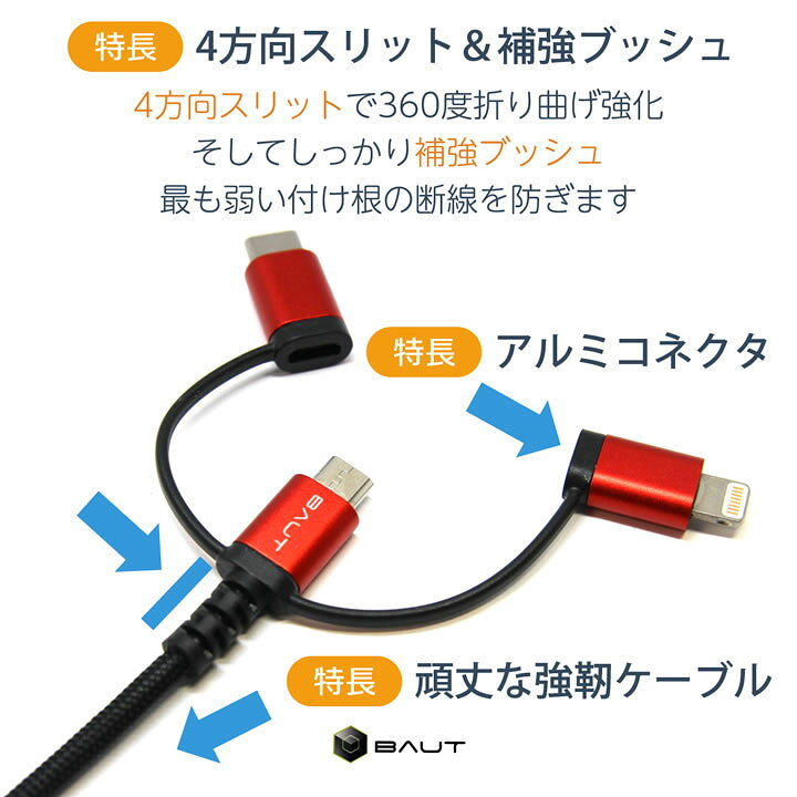 楽天市場 Iphone Microusb タイプc 3way Apple認証品 Mfi認証済 断線しにくいストロング 充電usbケーブル 急速 2 4a 1m ワントス