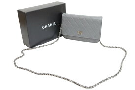 CHANEL シャネル 長財布 チェーンウォレット フラップ 12番台 2008年 グレインカーフレザー グレー シルバー金具 美品 中古 52095