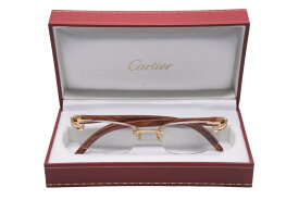 極美品 CARTIER カルティエ サングラス メガネ ウッド 度入り Cデコール リムレス □19 140b ブラウン ゴールド 中古 56527