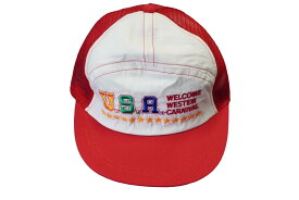 U.S.A WELCOME WESTEM CARNIVAL メッシュ キャップ レッド 帽子 刺繍 ホワイト ナイロン 54CM 美品 中古 60739