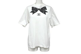 CHANEL シャネル ココマーク リボンプリント 半袖Tシャツ ホワイト ブラック 品質タグなし 美品 中古 62533