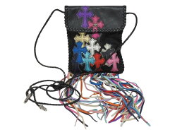 極美品 CHROME HEARTS クロムハーツ スクエア クロスポシェット フリンジ ショルダーバッグ セメタリー クロスパッチ マルチカラー ブラック 中古 4b005793
