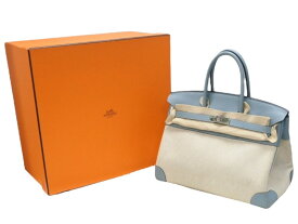 新品同様 HERMES エルメス BIRKIN バーキン35 ブルー シルバー金具 トゴ トワルアッシュ ハンドバッグ □M刻印 中古 4b006837