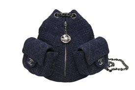 極美品 CHANEL シャネル ツイード バックパック ミニ リュック 17番台 ツイード レザー ネイビー シルバー金具 中古 4b008869