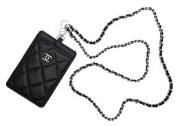 極美品 CHANEL シャネル チェーンネックストラップ カードケース 31番台 ココマーク ラムスキン キルティング ブラック 中古 4b010742