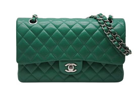 新品同様 CHANEL シャネル Wフラップマトラッセ25 チェーンショルダーバッグ 30番台 キャビアスキン グリーン シルバー金具 中古 4b010762
