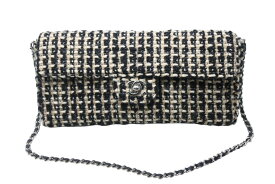 極美品 CHANEL シャネル イーストウェスト シングル ワンショルダーバッグ 7番台 ブラック ホワイト ベージュ ツイード シルバー金具 中古 4b011273