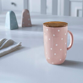 セラミックマグ トール ポルカドット マンゴーの木製フタ付き - ブラッシュカラー / Ceramic Mug Tall Polka Dots With Mango Wooden Lid - Blush Color (送料無料 | Free Shipping)