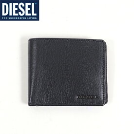 ディーゼル（DIESEL）メンズ 訳あり 二つ折り財布（小銭入れあり） ブラック系 　レザー使い ロゴプレート付き かぶせ蓋 （サイズ/UNI）*cm3190