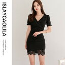 ディープ Vネック ワンピース レース タイトミニ クラブドレス えり付き カシュクール 半袖 ボタン シースルー ミニ レディース CK9 ジゼル