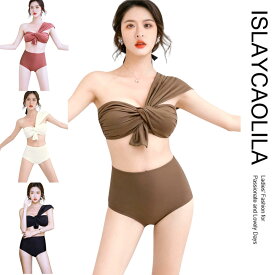 ビキニ 水着 ワンショルダー フロント リボン スイムドレス ハイウエスト パッド入り ワイヤーなし セパレート レディース CG5 トアン