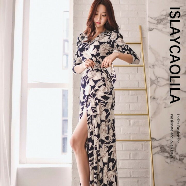 楽天市場 ボタニカル ワンピース カシュクール ロング スリット クラブドレス Vネック 長袖 ウエストマーク リボン マキシ レディース Cx2 フィーヌ アイラカリラ