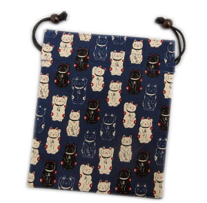 平巾着 巾着袋 小物入れ 和柄 木玉付 福あつめ招き猫濃紺 日本製 女性用 レディース メンズ 男性用 ねこ ネコ 子供用 キッズ 浴衣 着物 甚平