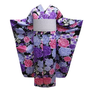 振袖 お買上 お仕立上がり 単品 黒地八重桜薔薇蝶 フリー 洗える ポリエステル 成人式 出来上がり 購入 販売 リメイク 生地 総柄 薔薇柄 バラ