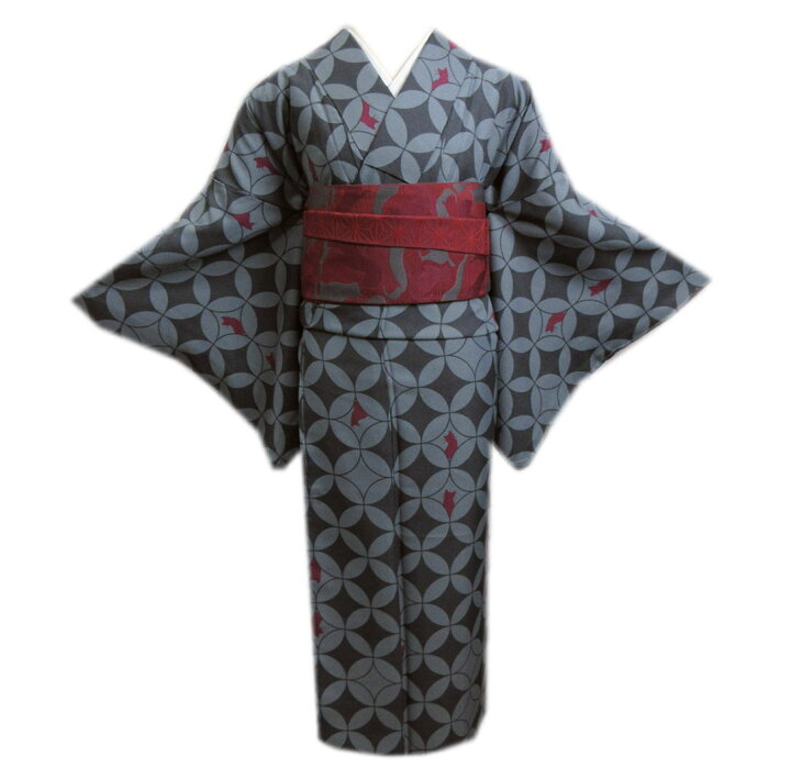 楽天市場】着物 洗える 袷 小紋 半巾帯 細帯 2点セット 濃グレー薄 