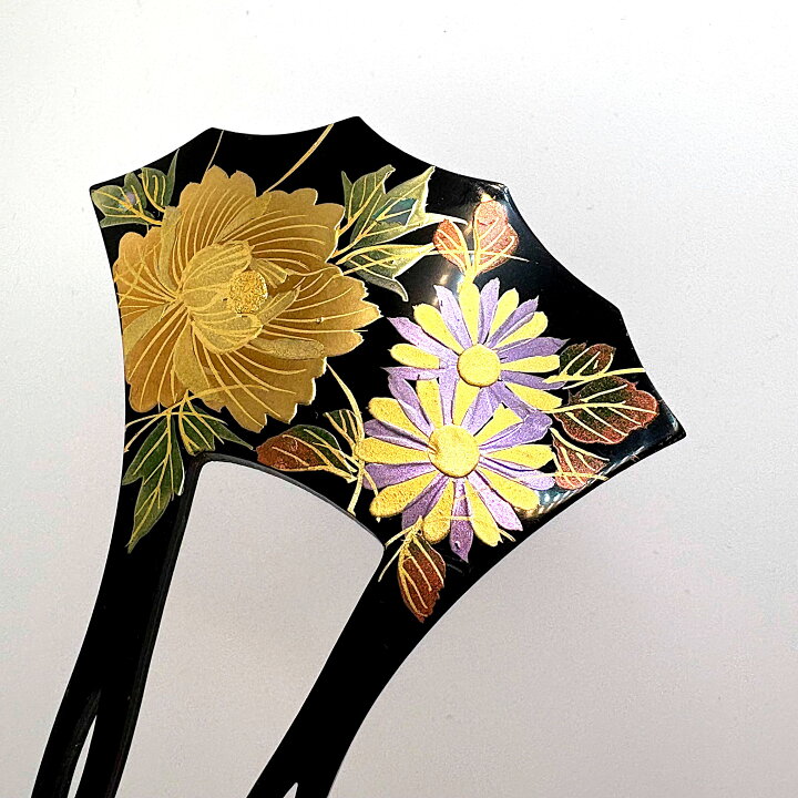 楽天市場】高級 金蒔絵調 かんざし バチ型 簪 黒 ゴールド 菊 花柄 
