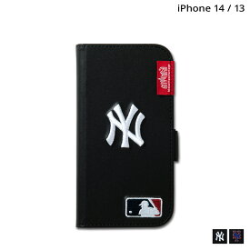 Manhattan Portage MLB EMBROIDERY BOOK TYPE CASE NYY マンハッタンポーテージ iPhone 14 iPhone 13 スマホケース 携帯 アイフォン 手帳型 メンズ レディース カード収納 ブラック 黒 14-MLB 【 ネコポス可 】