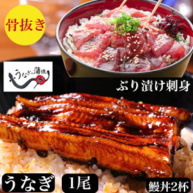 うなぎ 国産 1尾 ぶり 漬け刺身　2パック　セット　ギフト うなぎ蒲焼き【骨抜き】送料無料　詰め合わせ　2人前【ウナギ】65g×2＋【天然】ぶり漬け　100g×2p】鰻たれ　山椒紅葉おろしぽん酢レシピ　御祝 　プレゼント