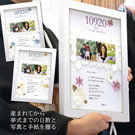 送料無料 【お仕立て券】 両親 プレゼント 結婚式 ありがとう フラワーボード モクレン A4 両親へのプレゼント フォトフレーム 名前入り 結婚記念日 感謝状 花嫁 手紙 記念品 記念日 お祝い 誕生日 生まれてから挙式までの日数