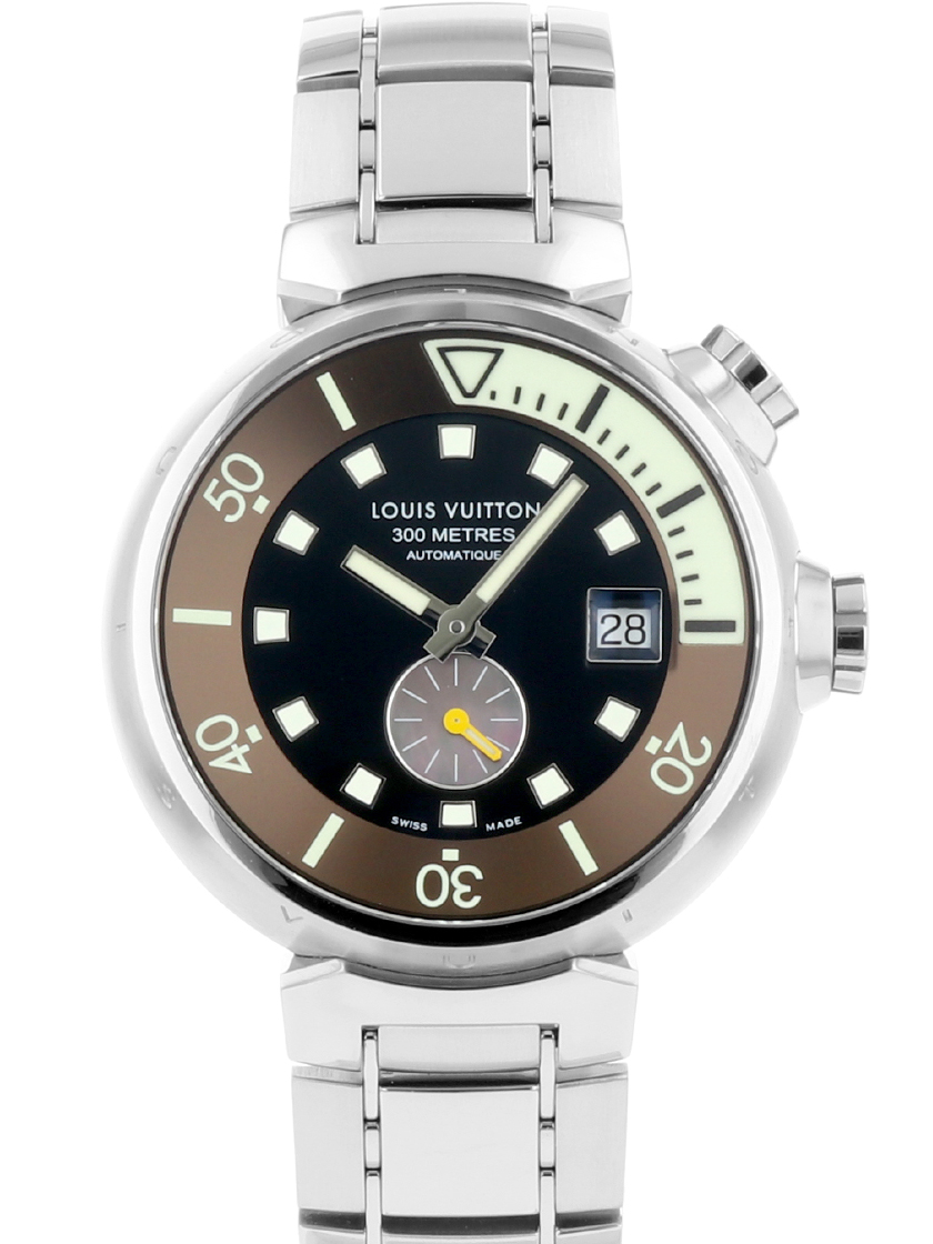 【中古】ルイヴィトン Q1031 タンブール ダイビング SSブレス ブラウン文字盤 (ブラックシェルインダイアル)自動巻き メンズ メンズ腕時計