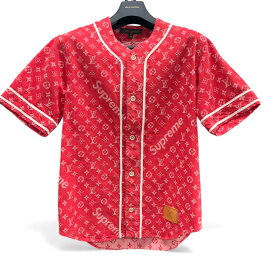 LOUIS VUITTON 希少 極美品 ルイヴィトン × supreme シュプリーム 17AW LV Jacquard Denim Baseball Jersey Denim Baseball Jersey LV ジャカード デニム ベースボール ジャージー 半袖 シャツ モノグラム XSサイズ レッドヴィトン Aランク 中古 鑑定済【1/20価格改定】