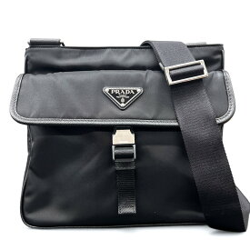 PRADA 極美品 プラダ Re-Nylon × サフィアーノレザー ショルダーバッグ 2VH119 ナイロン レザー ブラック トライアングルロゴ 三角プレート ロゴプレート クロスボディ リナイロン Aランク 鑑定済 中古 プラダバッグ