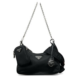 PRADA 展示品級 プラダ Re-Edition 2005 リエディション RE-NYLON リナイロン 2way チェーン ショルダーバッグ 1BH204 ナイロン レザー ブラック トライアングルロゴ 三角プレート ロゴプレート クロスボディ ポシェット SAランク 鑑定済 中古 プラダバッグ