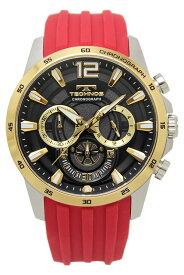 【アウトレット】【訳あり：A】【正規品】TECHNOS テクノス 腕時計 T8B79GH メンズ クォーツ クロノグラフ ステンレス シリコンベルト ブラック×ゴールド レッドベルト