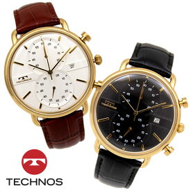 【アウトレット】【訳あり：A】【正規品】TECHNOS テクノス 腕時計 T6C26シリーズ メンズ クォーツ 牛革ベルト センタークロノグラフ T6C26GB T6C26GS ブラック ゴールド シルバー